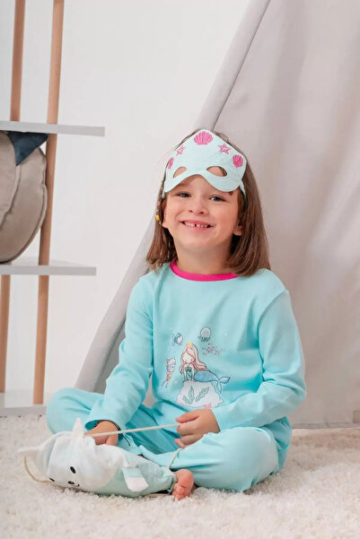 Genel Markalar Deniz Kızı Desenli Çanta ve Maskeli Pamuk Kız Çocuk Pijama Takımı - Renk: Turkuaz / Beden: 6