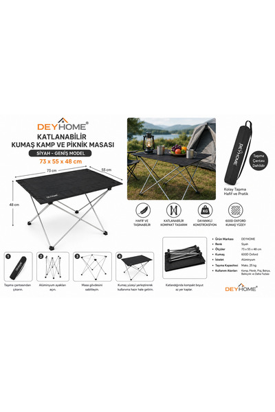 DEYHOME Katlanabilir Kumaş Kamp ve Piknik Masası Siyah Geniş Model 73x55x48 c...