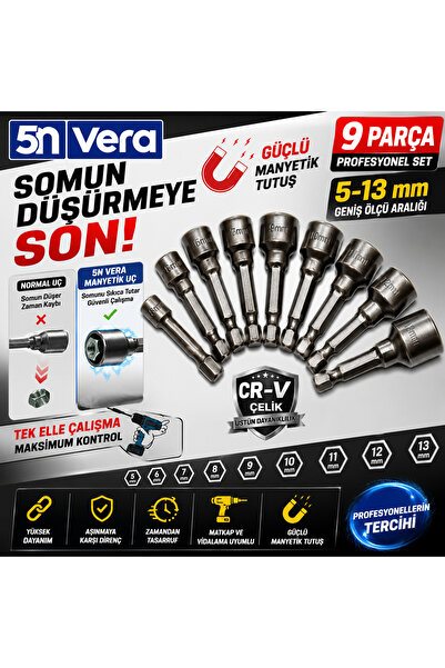 5NVERA 9 Parça Manyetik Somun Adaptör Seti | 5-13 mm CR-V Çelik Lokma Uç Takı...