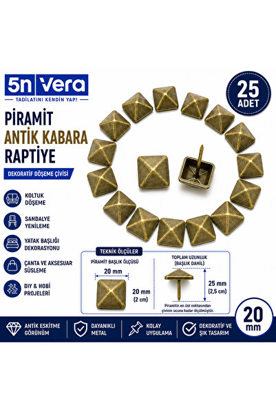 5NVERA 25 Adet 20 mm Sarı Piramit Kabara Raptiye | Dekoratif Döşeme Çivisi | ...