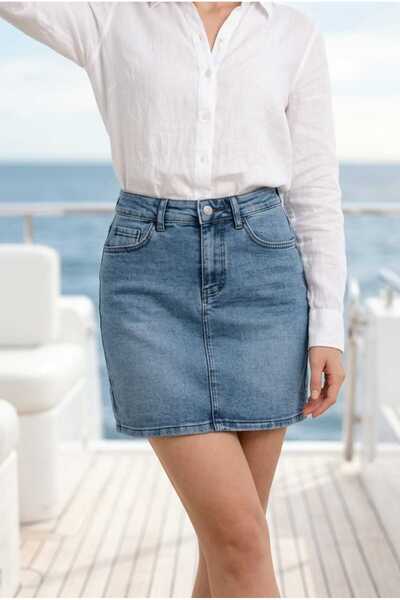 they11 Kadın Yüksel Bel, Regular Kalıp, Cepli Denim Kot Etek Boy 45 cm Mini Etek