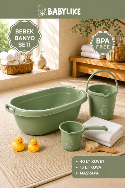 Babylike Soft Touch Bebek Banyo Seti | Bebek Küveti, 13 lt Kova,1,5 lt Maşrapa