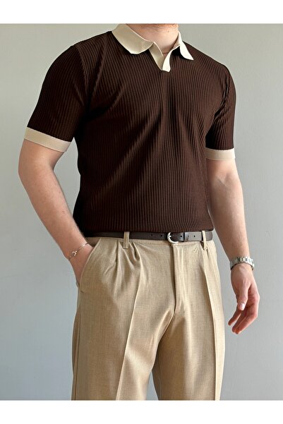 Erkek Yaka Detaylı Polo Yaka Triko Tişört Regular Fit Old Money Stil