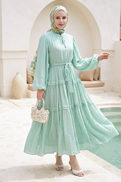 InStyle Wrinkle Patterned Lace-Up Water Green Dress