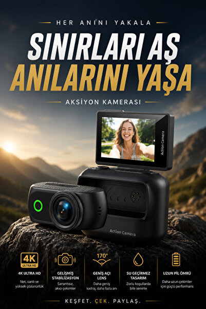 KETENOFFİCİAL Profesyonel 4K Aksiyon Kamerası Çift Flip Hareketli Ekranlı Man...