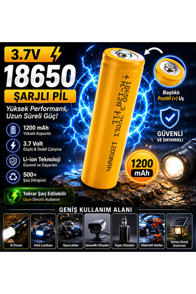 Astakos 🔋1 Adet 3.7 Volt 1200 mAh 18650 Şarjlı Pil Başlıklı Li-ion Lityum İy...