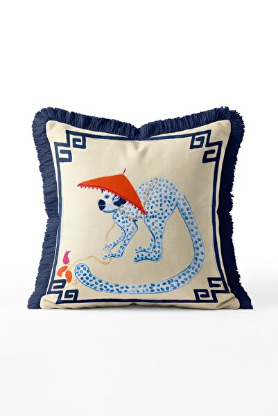 IdeCraft Umbrella Monkey Patterned Fringed Throw Pillow Cover - Navy Blue Tas...