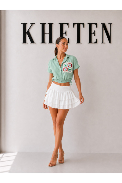 Kheten Fiora %100 Keten Büzgülü Kadın Crop Gömlek - Dantel Motifli Yeşil Kete...
