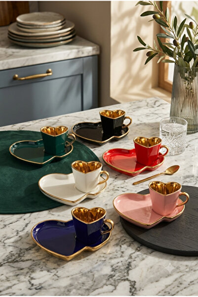 RİVO HOME DECOR طقم فناجين قهوة تركية من البورسلين على شكل قلب لـ 6 أشخاص