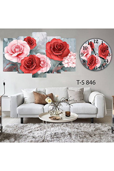 BellaaaModa Çiçekli Dekoratif Desenli Mdf Tablo 5 Parça Set ve Saatli Takım, ...