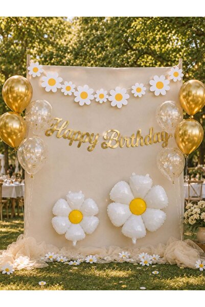 Parti Adresi Papatya Konsept Doğum Günü Süsleme Seti Gold Happy Birthday Yazılı