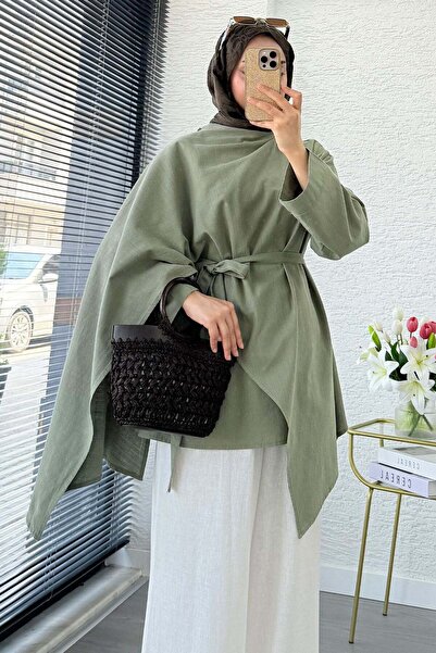 MELEK ARAZ Premium Asimetrik Pelerinli Keten Tunik - Yeşil