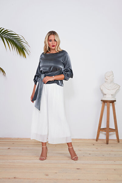FIRST STYLE Turkish Blouse in Lead Color with Lace-Up Decoration