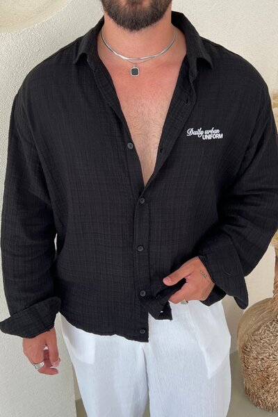 OUTFİT MAN Chest Embroidered Box Fit Muslin Shirt Black