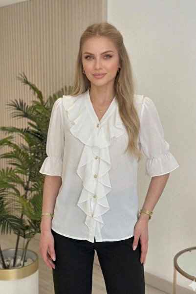 sunfyre Women's Shiny Chiffon Ruffle Detailed Short Sleeve Glittery Shirt Sun374