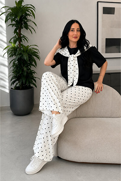 Myawomenswear Kadın Siyah Beyaz Puantiyeli Likralı Premium Pantolon Tişört Takım