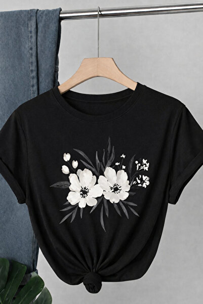 Oceanwear White Floral Printed Short Sleeve Black Women's Plain Tshirt