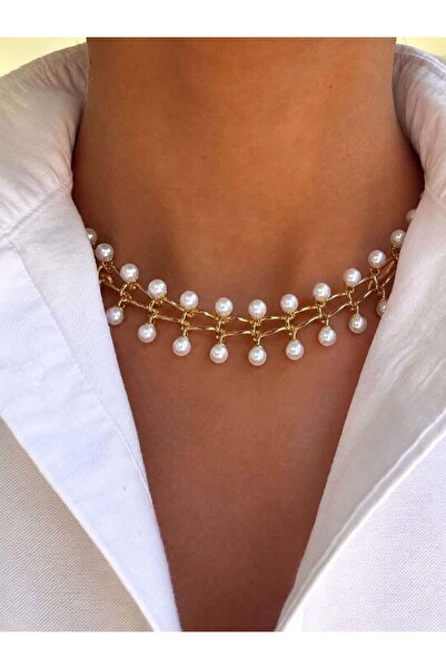 neslyaccessories Geometrik Bağlantılı İnci Choker Kolye