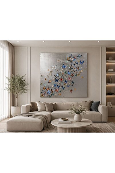 walliva Silver Butterfly Symphony Kanvas Tablo – Renkli Kelebekler ve Gümüş D...