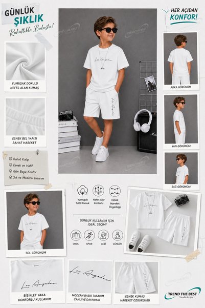 TREND THE BEST Trendin En İyisi Summer Los Angeles Printed Boys' White Shorts and White T-Shirt Set