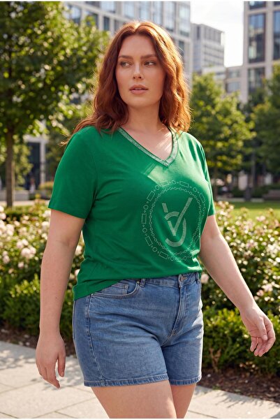 Ebsumu Women's Plus Size Letter Stone Printed Casual Green Blouse