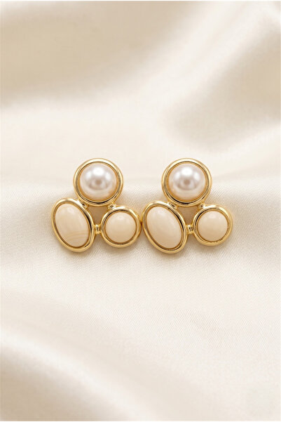 Pelin Aksesuar Ecru Stone and Pearl Detailed Gold Color Framed Stud Earrings