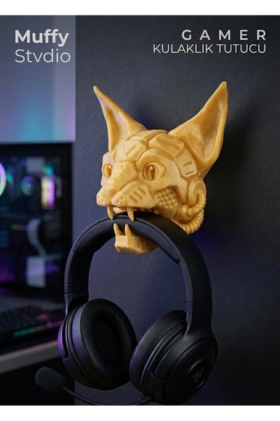 Muffy Stvdio Duvara Monte Oyuncu Kulaklık Tutucu - Cyberpunk Kedi Tasarımlı G...