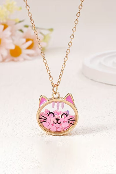 Cats & Meow Pembe Kalp Boncuklu Kedi Figürlü Altın Renk Zincirli Kız Çocuk Ko...