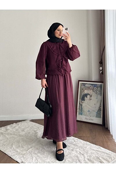 Miraydın Butik طقم تنورة نسائية مودال مزينة بكشكشة أمامية M2640 - أرجواني