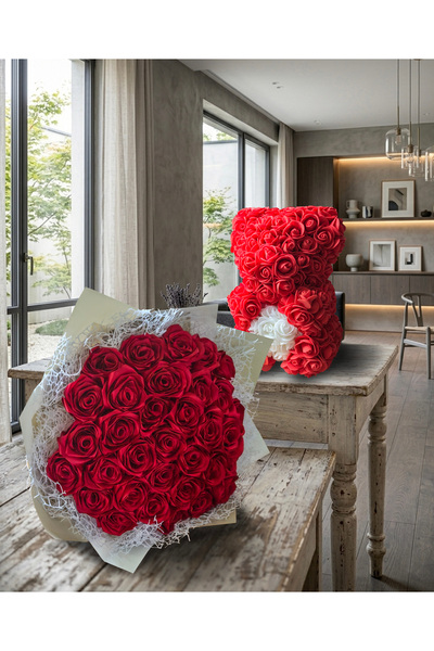 Boutique Bellaria Teddy Bear Gift Top Bottom Set of Red and White Roses + Bou...