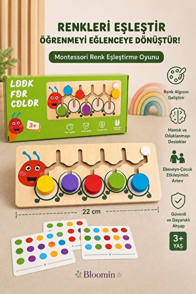 Bloomin Montessori Ahşap Renk Eşleştirme Oyunu - Kutulu Kartlı Eğitim Seti Re...