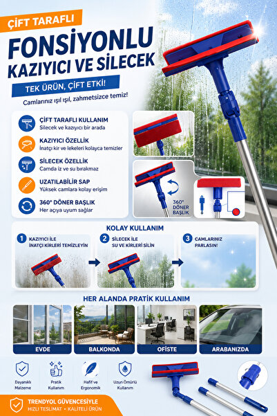 ÇARŞI HANEM Çift Taraflı Pratik Cam Silme Aparatı Cam Silme Mopu Mikrofiber B...