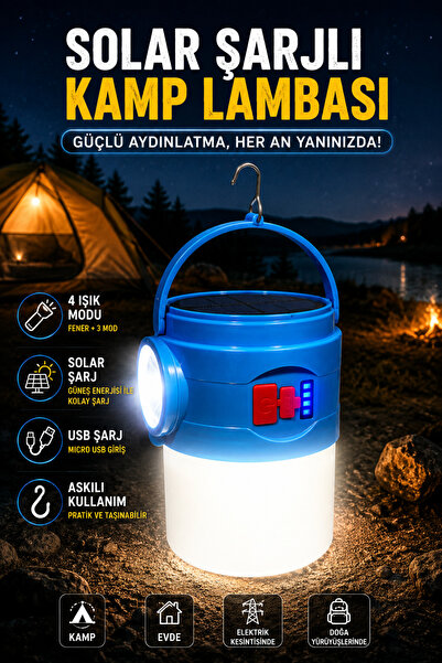 Edison Solar Şarjlı Kamp Lambası Işıldak 4 Modlu USB Şarjlı Acil Durum Feneri...