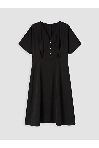 LC Waikiki Nevavm Plus Size V-Neck Dress with Pleated Detail