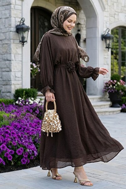 InStyle Bat Sleeve Rose Belted Bitter Brown Dress