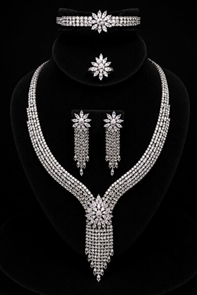OSMANLI GÜMÜŞ Zirkon Taşlı Su Yolu Tam Set Rodyum Kaplama Royal Bloom Model D...