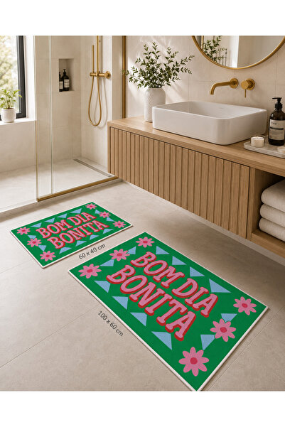 Evmila Green Pink Bon Dia Bonita Written Bath Mat Dot Base Velvet