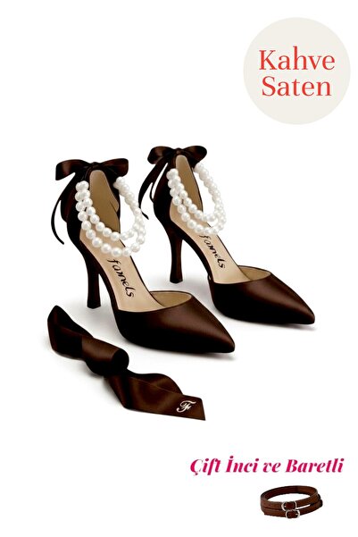 Famels High Heeled Shoes 7 cm Heel Brown Color Satin Evening Dress Shoes with...