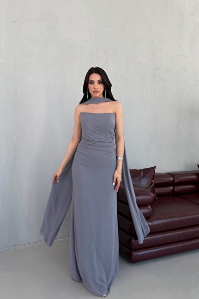 Serica Moda Gray Strapless Draped Evening Dress with Shawl Detail