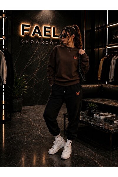 FAEL LİFE Unisex Wide Cut Zero Neck and Sweatpants Orange Butterfly Printed Set