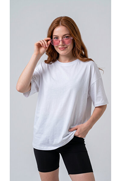BADESSA Women's White Oversize Crew Neck Comfortable Fit Relaxed T-Shirt
