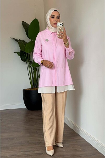 Moodbasic Aksesuar Detaylı Çizgili Gömlek - Pembe