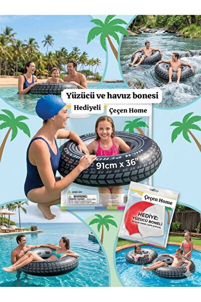 ÇEÇEN HOME 91cm X 36" Tire-Designed Marine Ring - with 2 Swim Caps Gift - Dur...