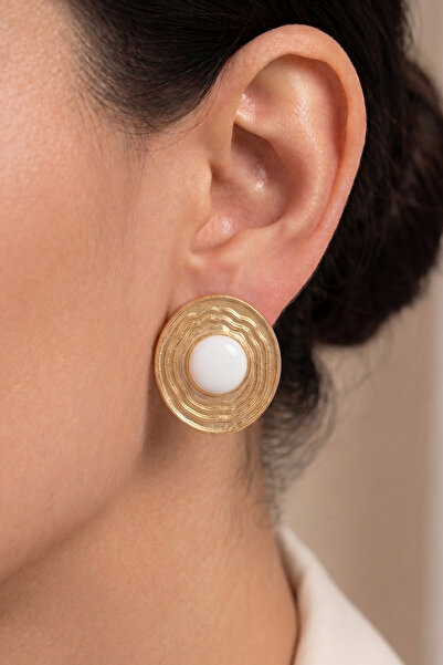 AURRARİ Vintage White Enamel Striped Upright Ellipse Earrings