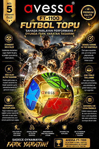 AVESSA FT-1100 Futbol Topu No:5 – Göz Alıcı Altın Tasarım - Dayanıklı Dış Kap...