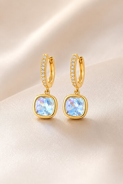 OEM Women's Earrings 14K Gold Plated, Faceted Blue Crystals, Elegant Hoop Ear...