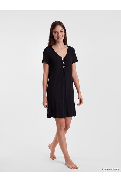 LC Waikiki Gencc Quality V-Neck Bow Detailed Women's Nightgown