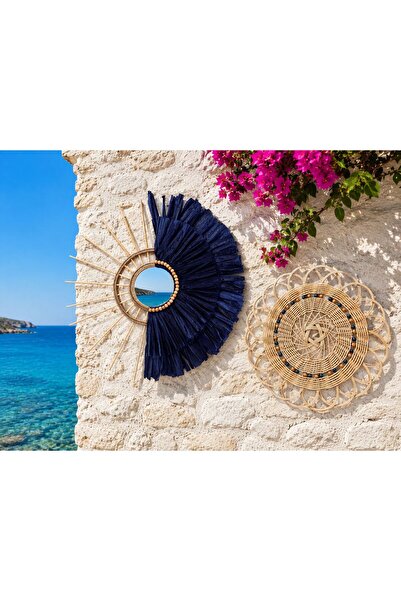 Home Bohem Handmade 2'li Set Dekoratif Aynalı Lacivert Doğal Rafya - Doğal Ra...