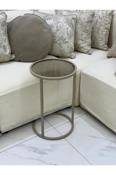 TODO Round Champagne-Colored Service Table with Brown Glass Surface