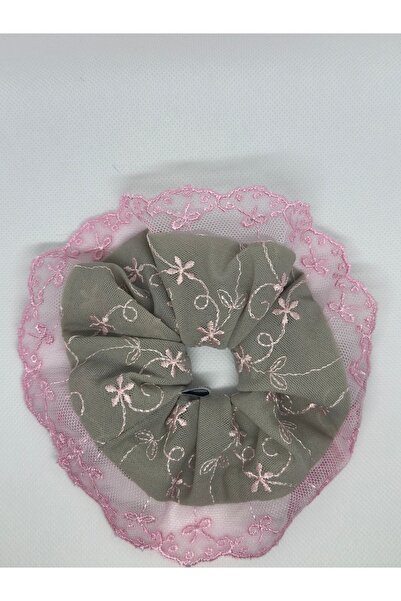 OIA Atelier Gray Embroidered Mesh Fabric Pink Fabric Lace Scrunchie Elastic B...